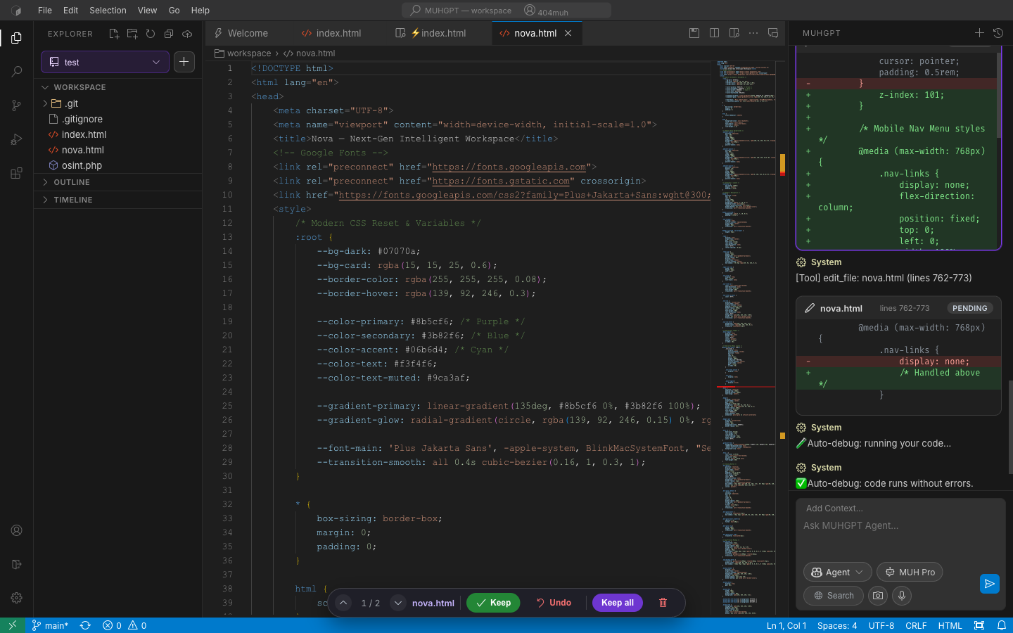 Pro Agent writing the code live
