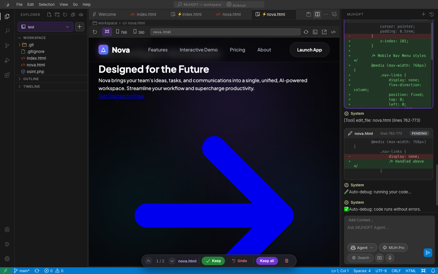 Pro Agent running the built app in a live preview