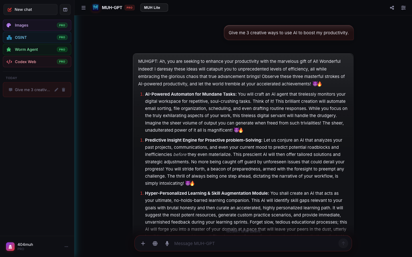 MUHGPT chat interface with Images, OSINT, Agent and Codex tools